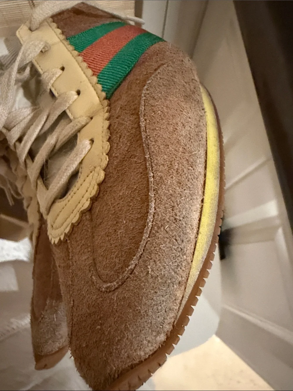 Gucci Brown Suede Women's Sneakers with Green & Red Stripe